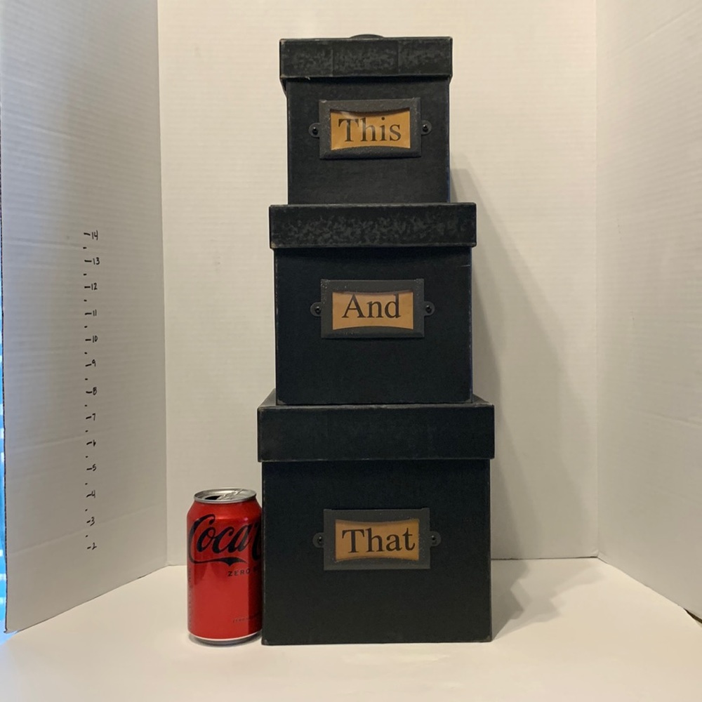 3 black Stackable boxes. Farmhouse, primitive distressed storage boxes. 20” tall